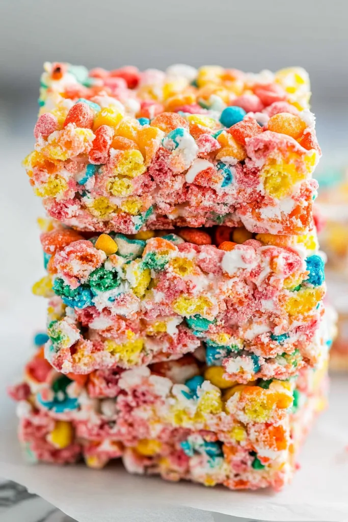 Sweet snack stacked neatly, showcasing its playful mix of colors.