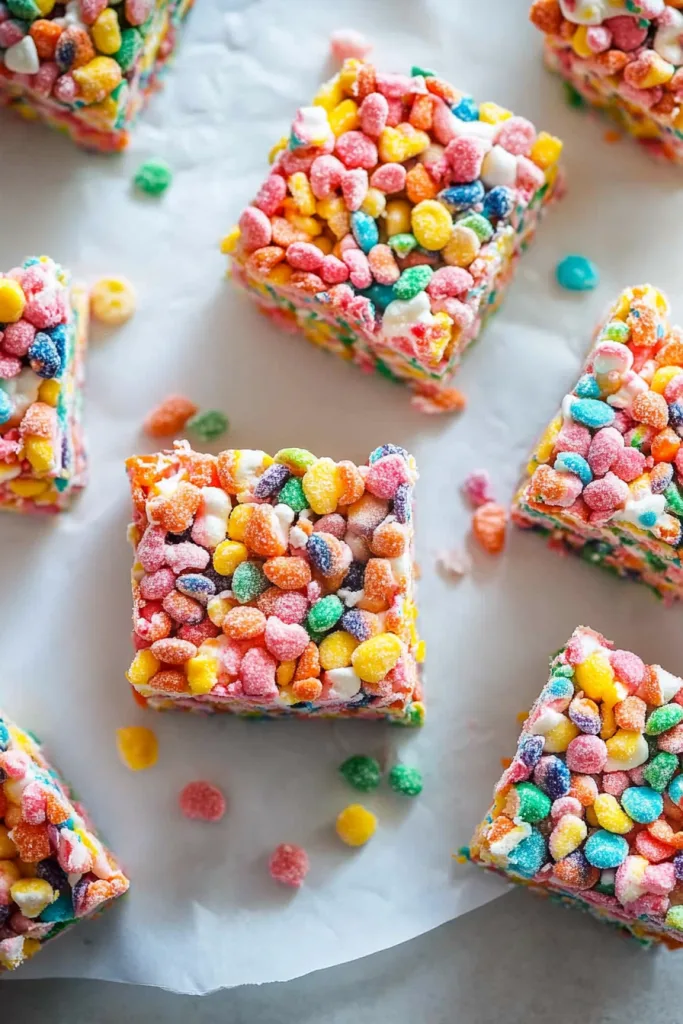 Chewy dessert bars with vivid red, yellow, blue, and green pieces.