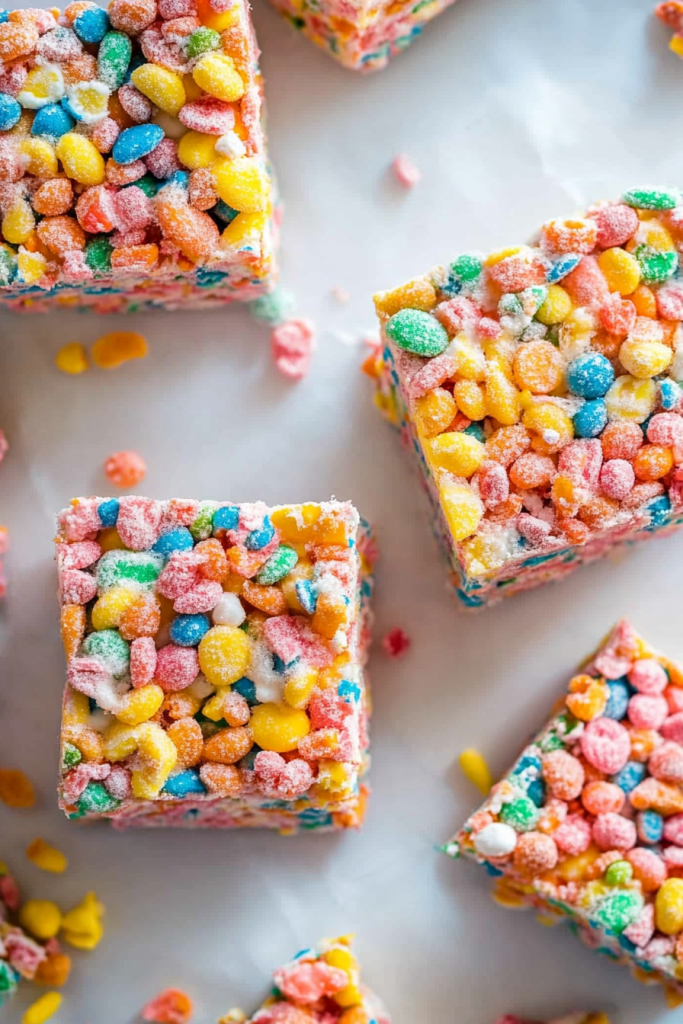 Vibrant homemade treat highlighting glossy clusters of colorful cereal.