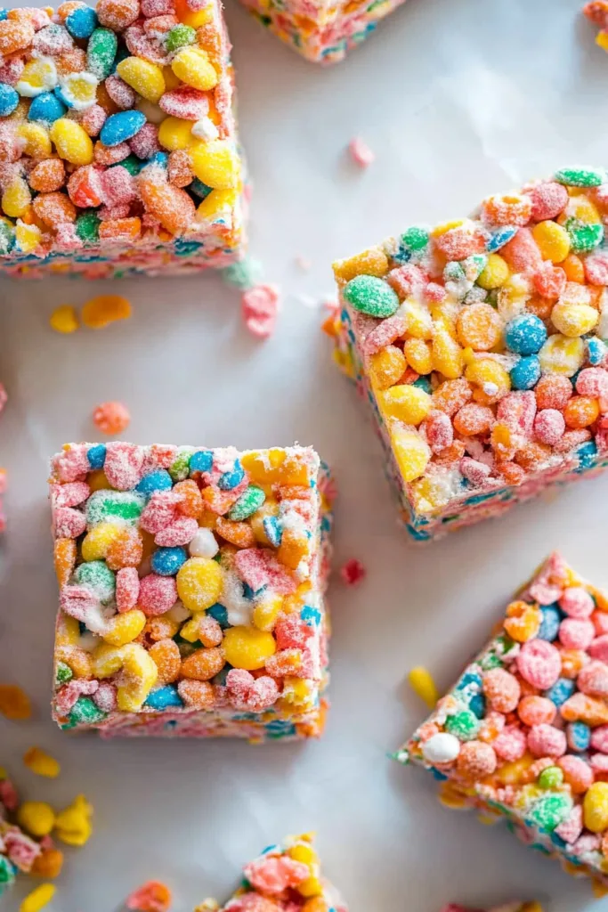 Vibrant homemade treat highlighting glossy clusters of colorful cereal.