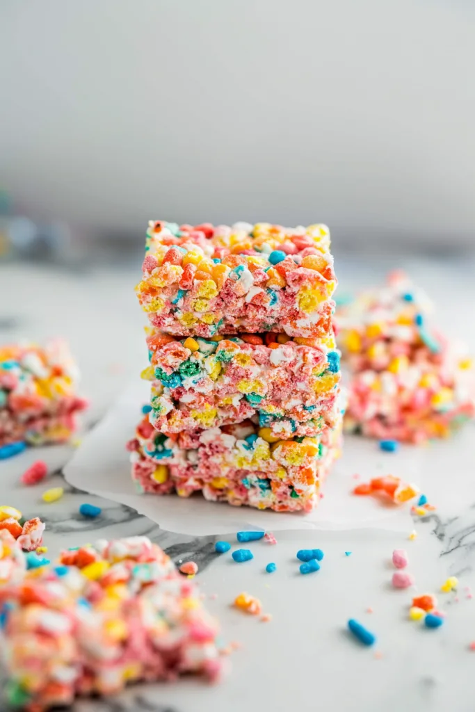 Stacked cereal bars showing bright rainbow colors and chewy texture.