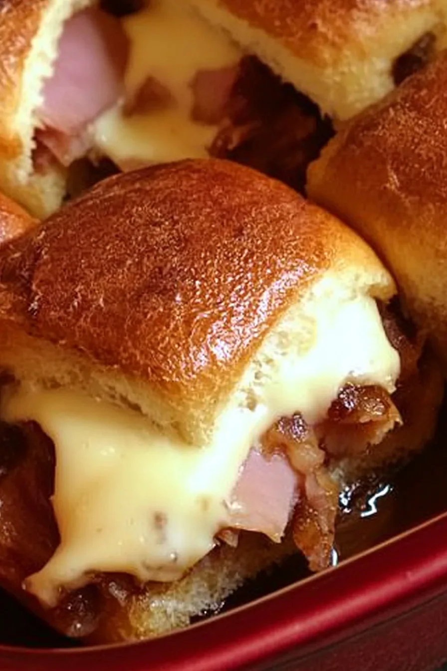 Freshly baked rolls showing layers of ham and cheese
