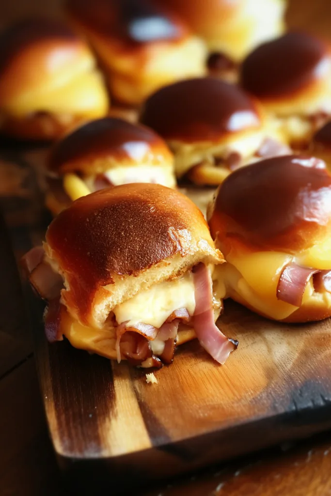 Baking dish filled with golden ham and cheese sliders