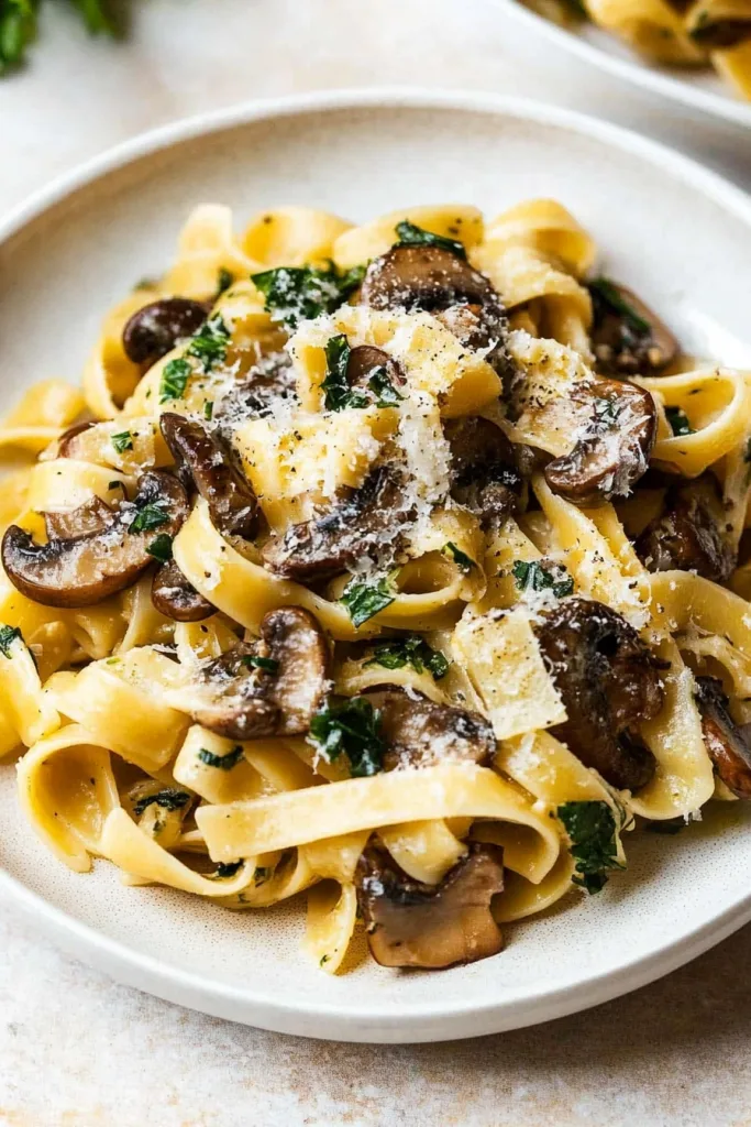 Fresh pasta served on a plate, garnished with parsley and Parmesan.