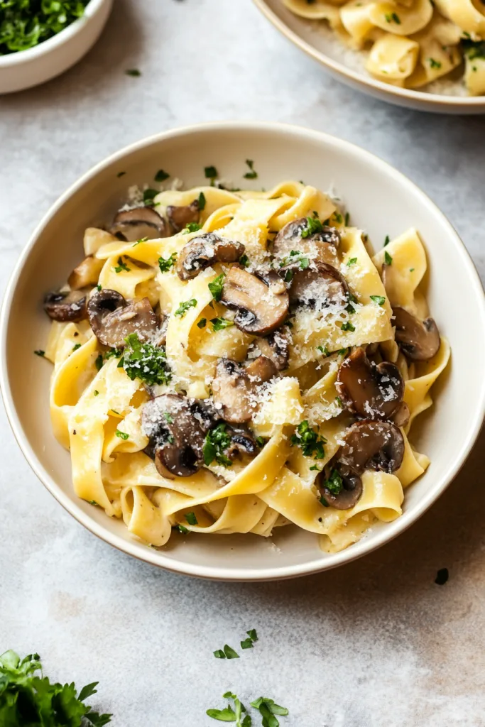 Tagliatelle tossed with sautรฉed mushrooms, herbs, and grated cheese.