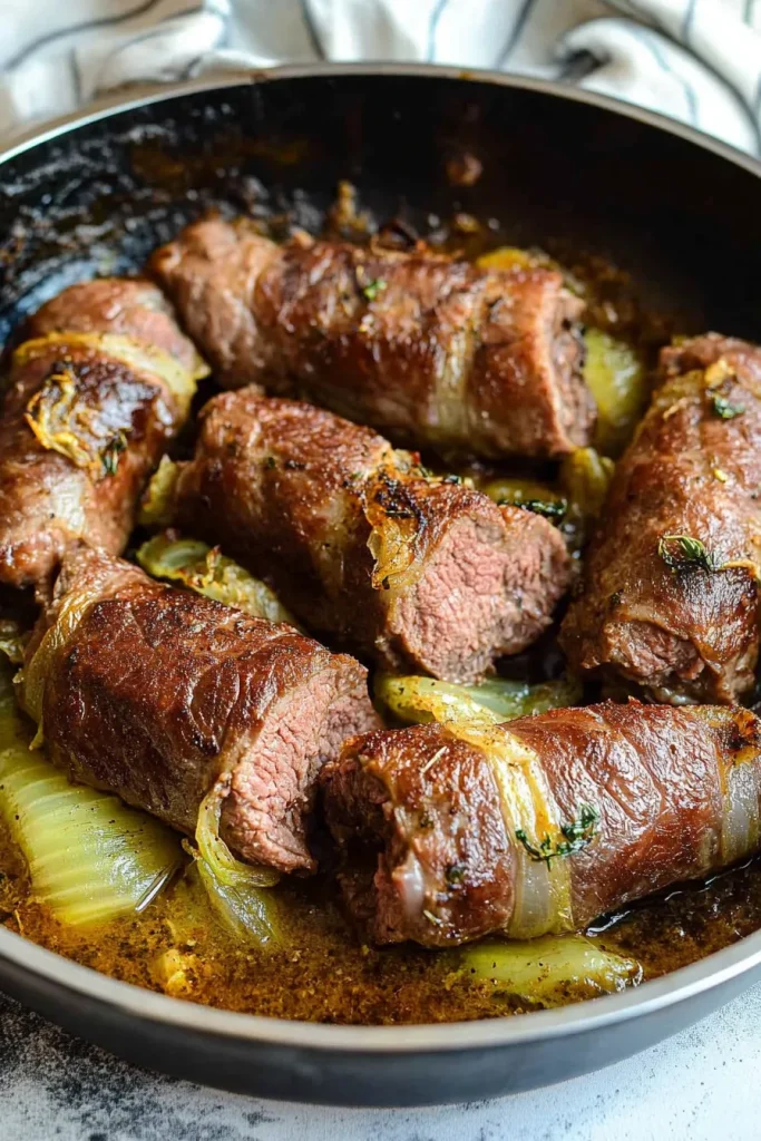 Pan of browned beef rolls with herbs and onion garnish.