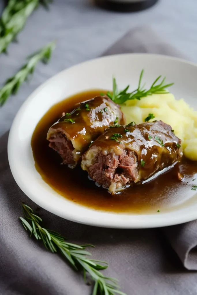 Savory beef rolls garnished with parsley and rosemary for freshness.