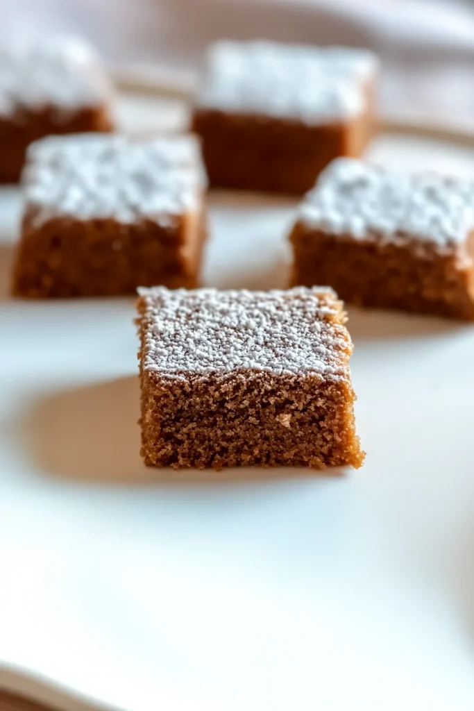 Rich brown cake slices highlighting the contrast of sugar against the crumb.