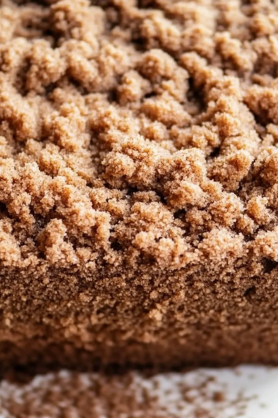 Close-up of dense brown cake with golden crumb topping, styled in a cozy setting.
