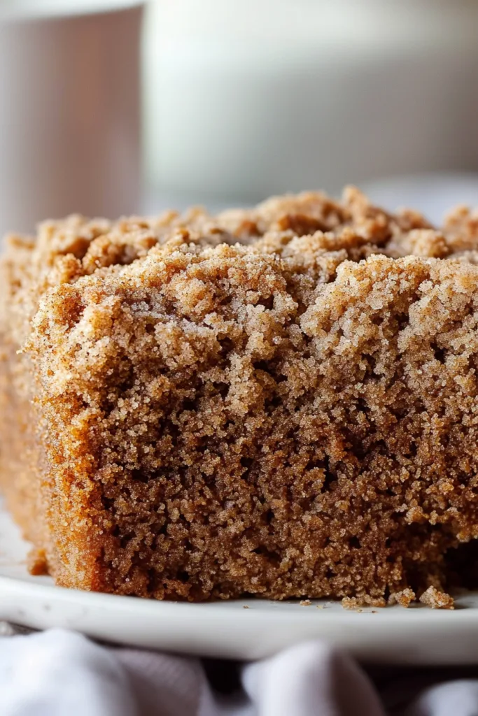 Warm cake slice with a crunchy sugar crust, served alongside a blurred coffee cup.