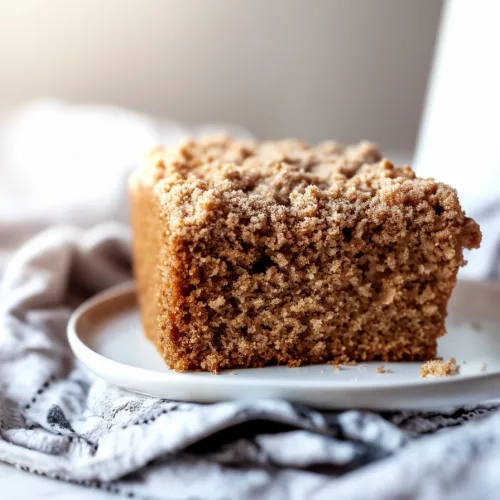 Piece of spiced dessert showing rich texture and a generous streusel topping.