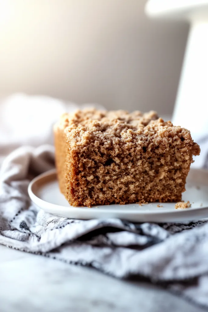 Piece of spiced dessert showing rich texture and a generous streusel topping.