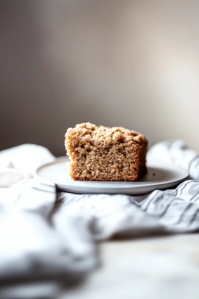 Slice of moist cake topped with a thick, crumbly cinnamon-sugar layer on a white plate.