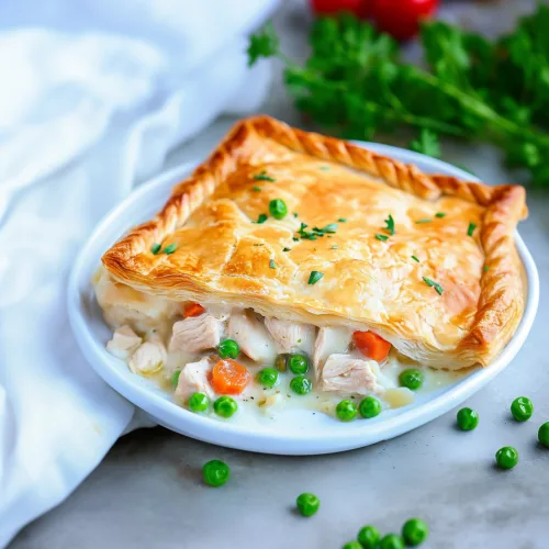 Serving of pot pie showing tender chicken, peas, and carrots in sauce.