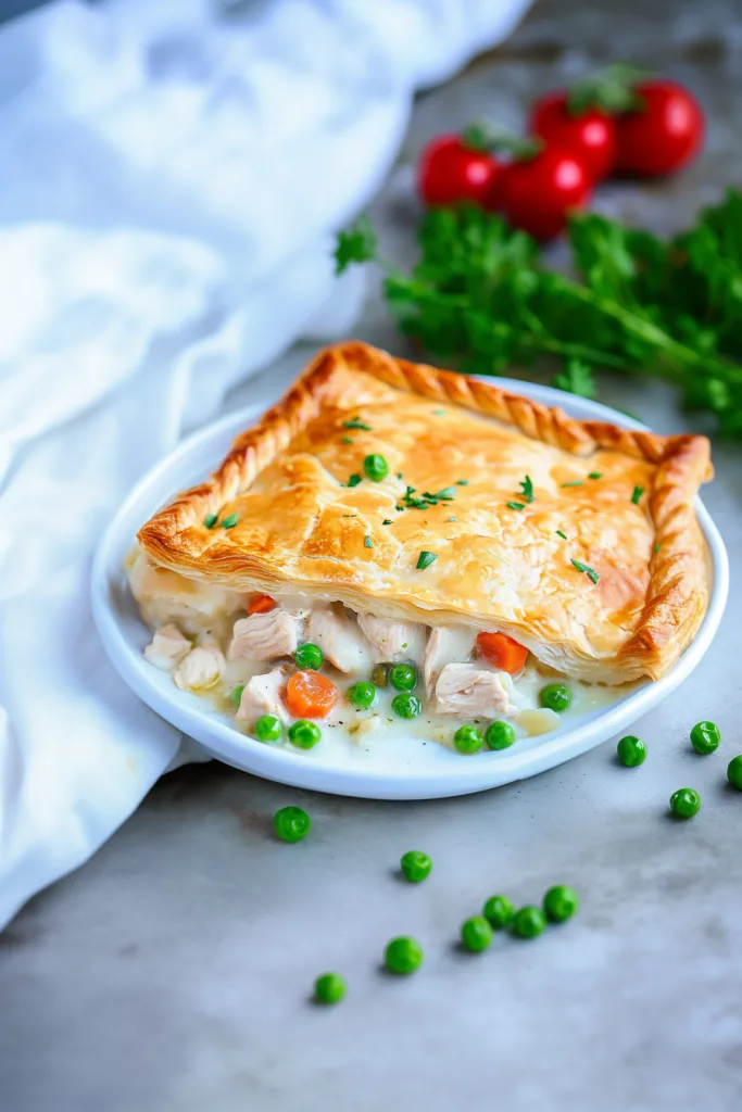 Serving of pot pie showing tender chicken, peas, and carrots in sauce.