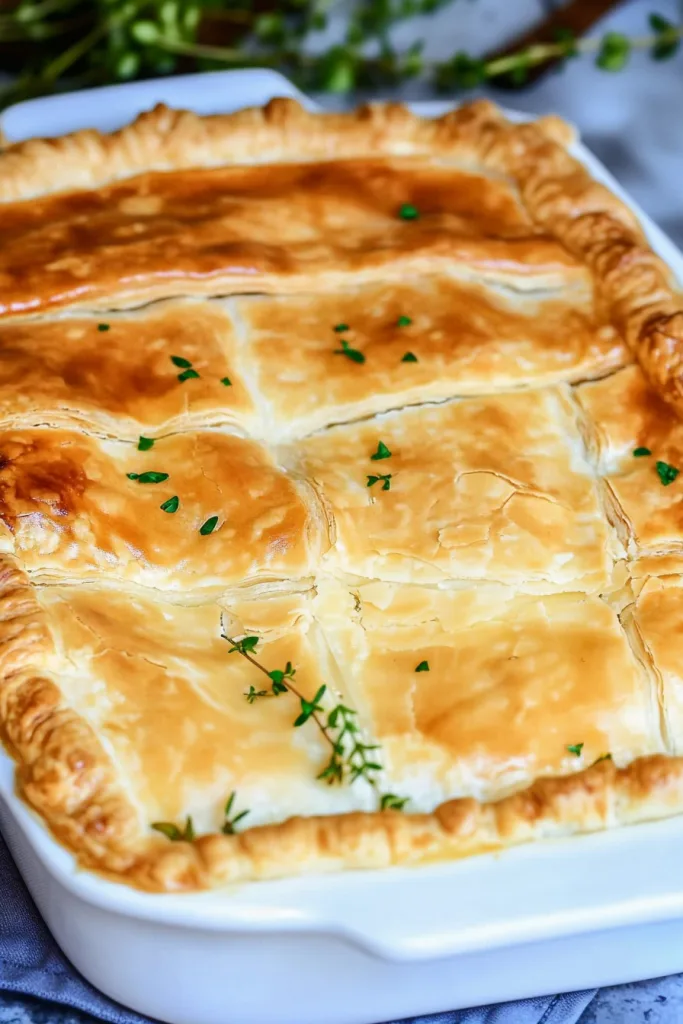Close-up of flaky pastry crust with creamy filling peeking through.