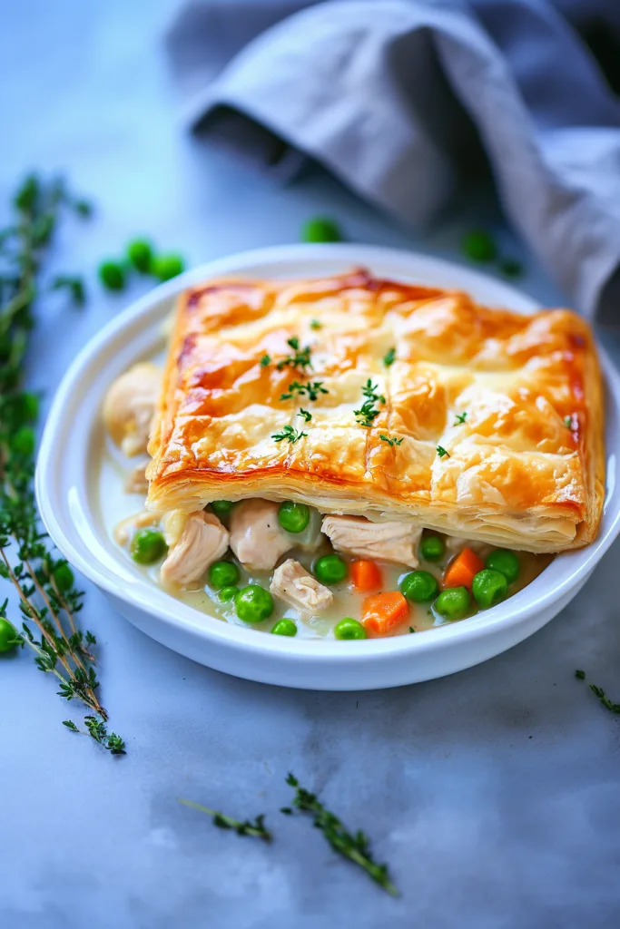 Crisp pastry layer broken open to reveal rich, savory filling.