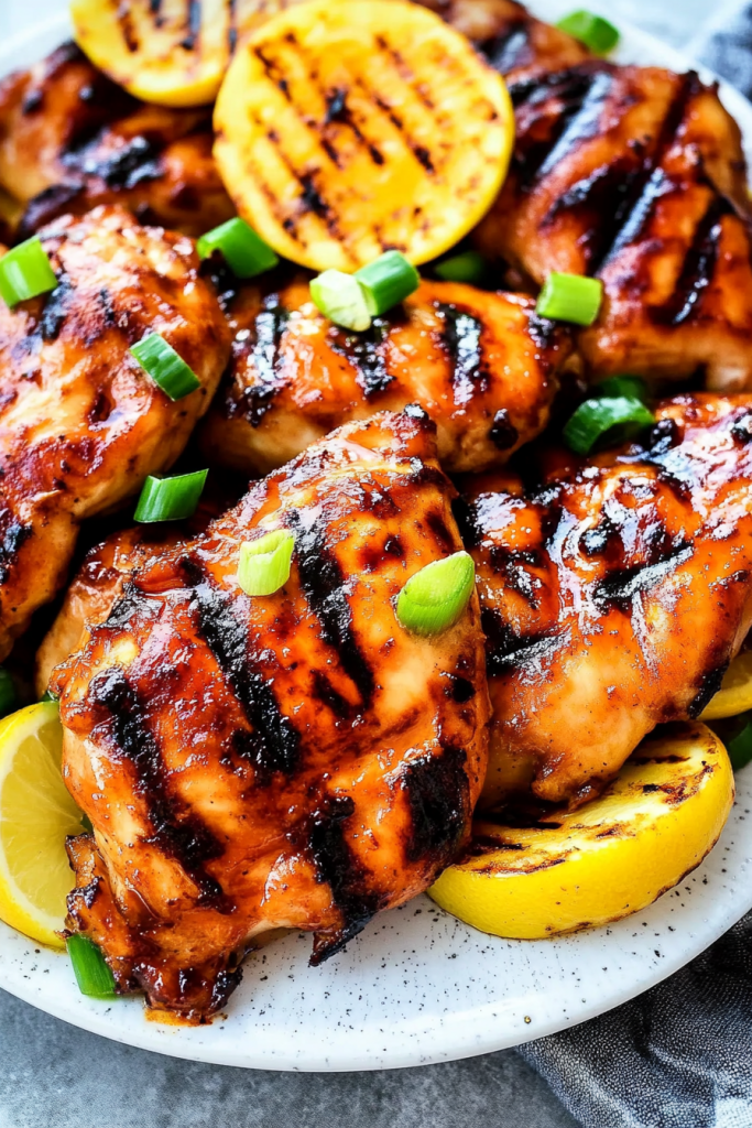 Glazed chicken pieces with charred grill marks, garnished with fresh green onions and lemon slices on a white plate.