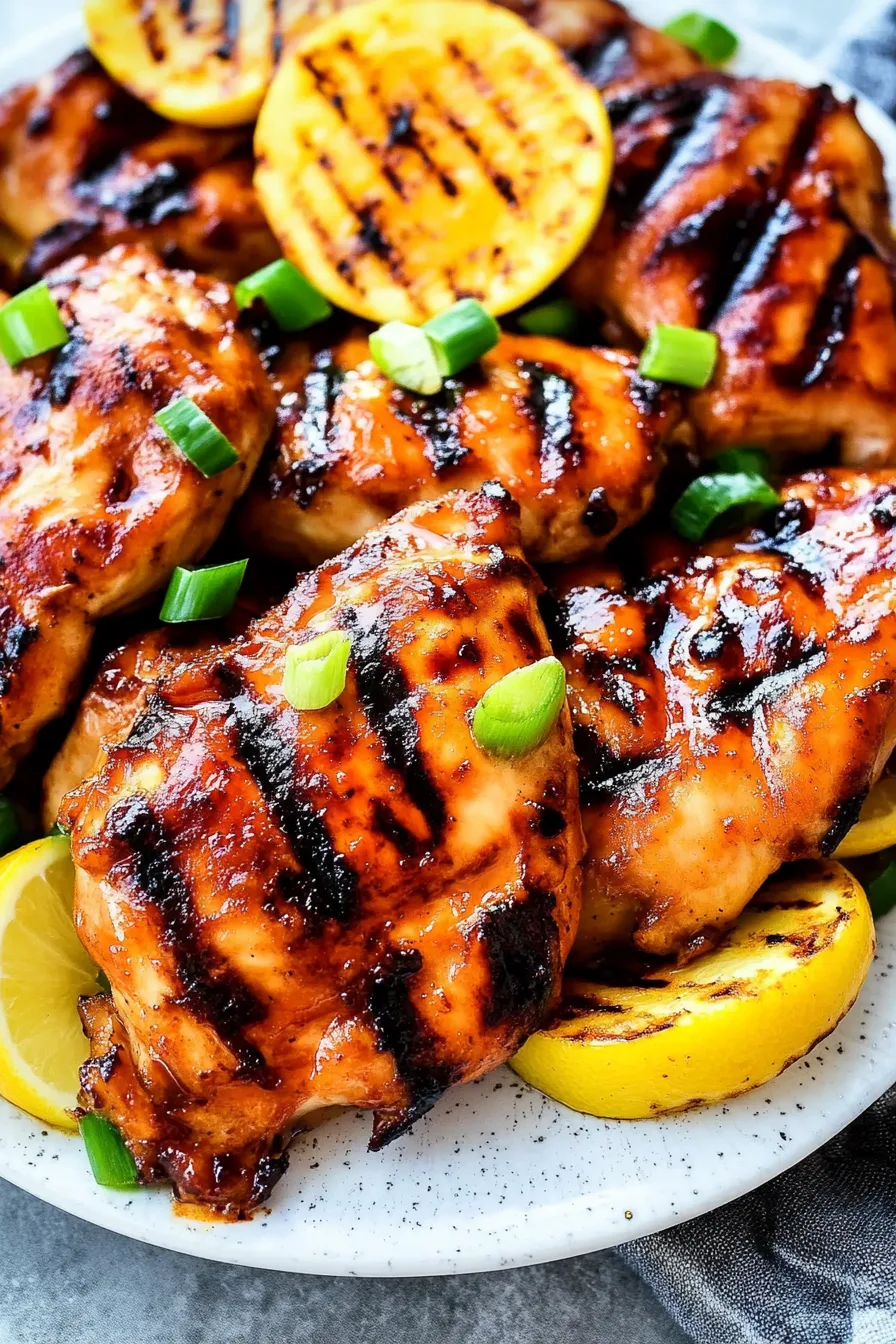 Glazed chicken pieces with charred grill marks, garnished with fresh green onions and lemon slices on a white plate.