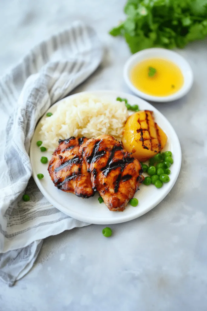 Final plated dish showing glossy chicken pieces, garnished simply with green onions and lemon for a fresh touch.