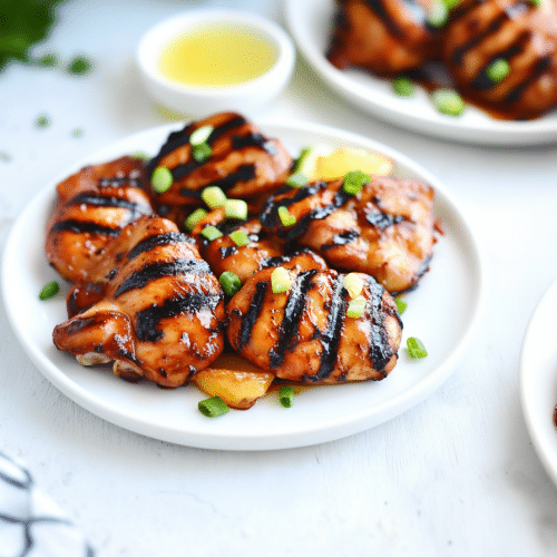 Juicy grilled chicken arranged neatly on a speckled plate, topped with chopped scallions for a pop of color.