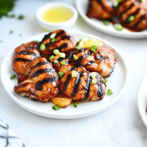 Juicy grilled chicken arranged neatly on a speckled plate, topped with chopped scallions for a pop of color.