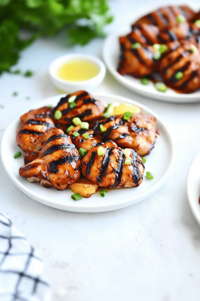 Juicy grilled chicken arranged neatly on a speckled plate, topped with chopped scallions for a pop of color.