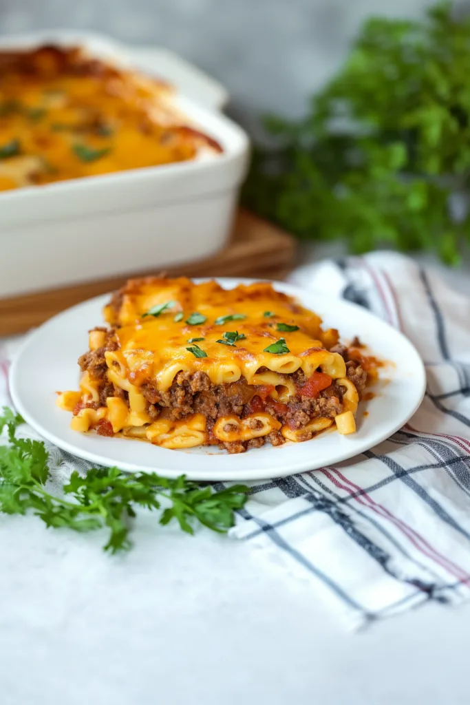 Serving of rich beef casserole with browned cheese crust and vibrant toppings.