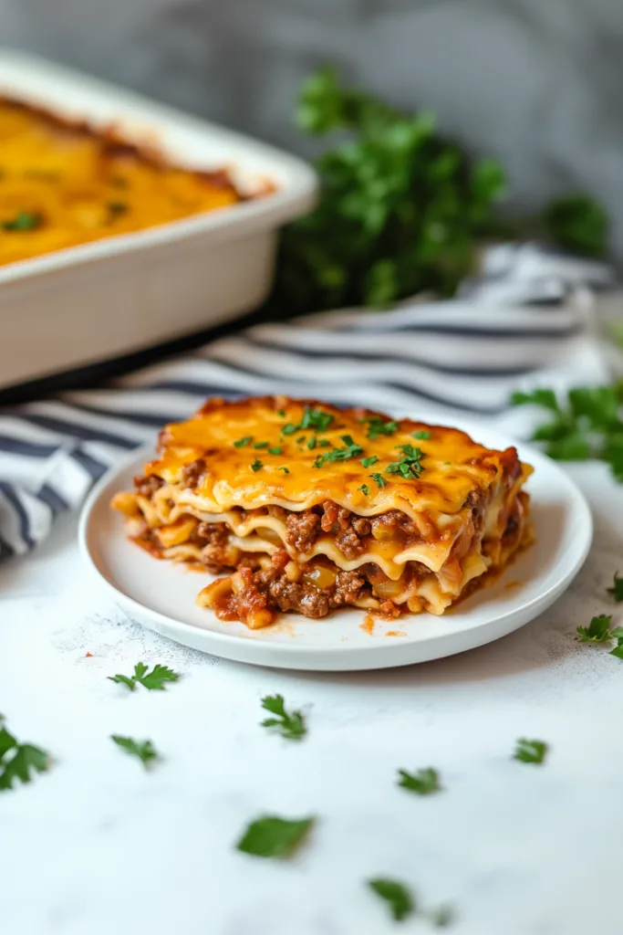 Golden casserole slice showing layers of beef, tomato sauce, and gooey cheese.