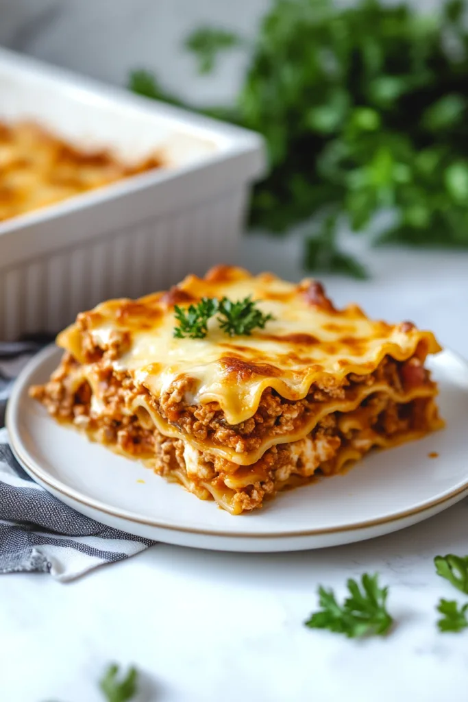 Hearty baked pasta topped with melted cheddar and fresh herbs on a white plate.