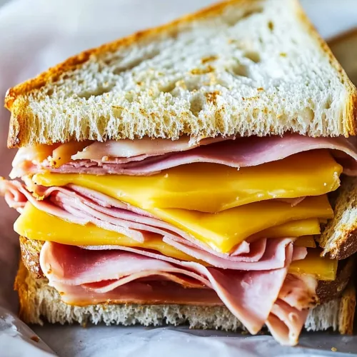Ham and Cheese Sandwich presented with toasted bread and layered filling.