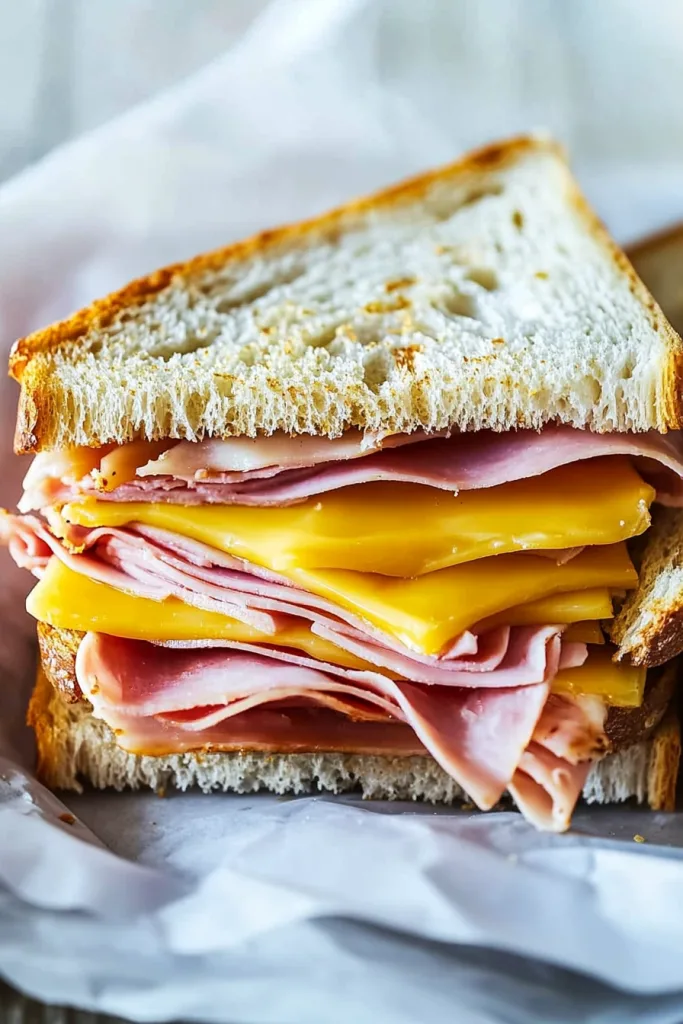 Ham and Cheese Sandwich presented with toasted bread and layered filling.