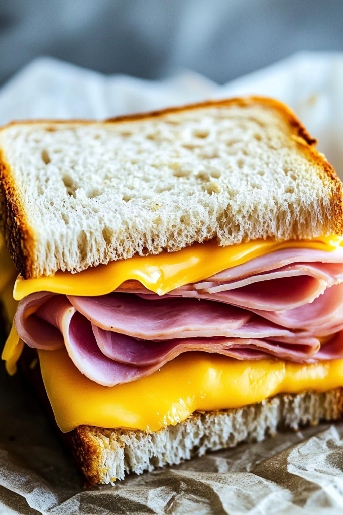 Close‑up of multigrain sandwich with ham and cheddar layers.
