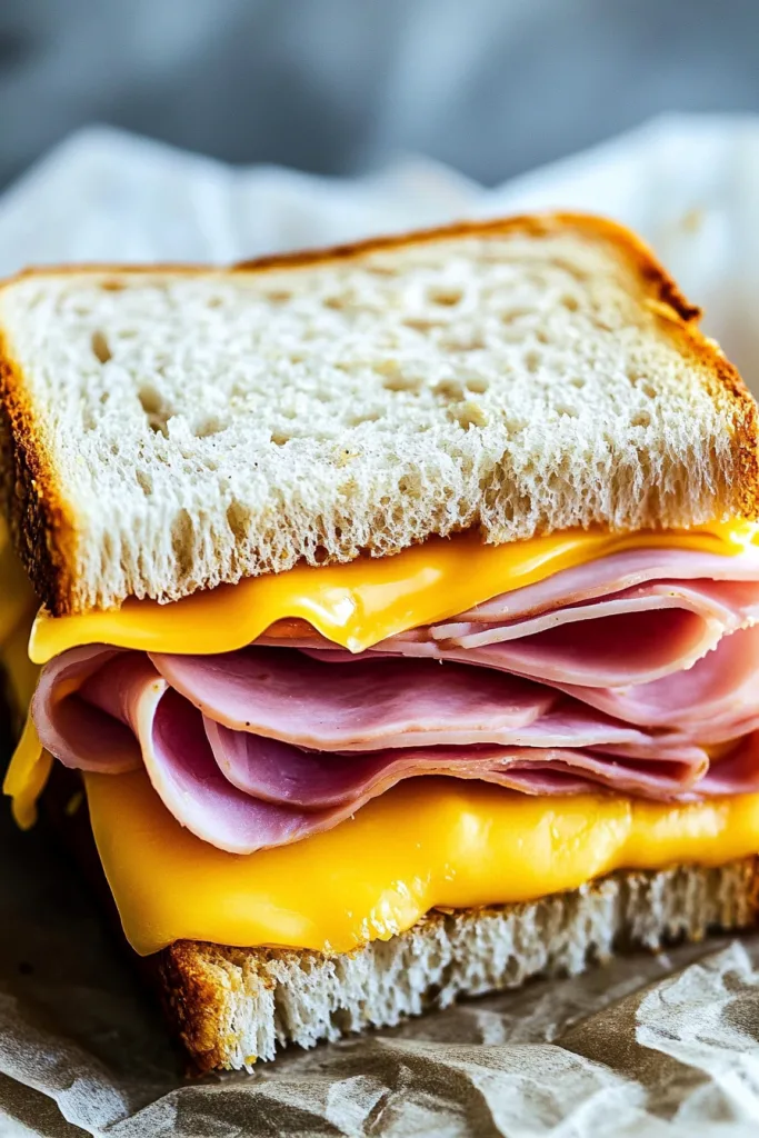 Close‑up of multigrain sandwich with ham and cheddar layers.