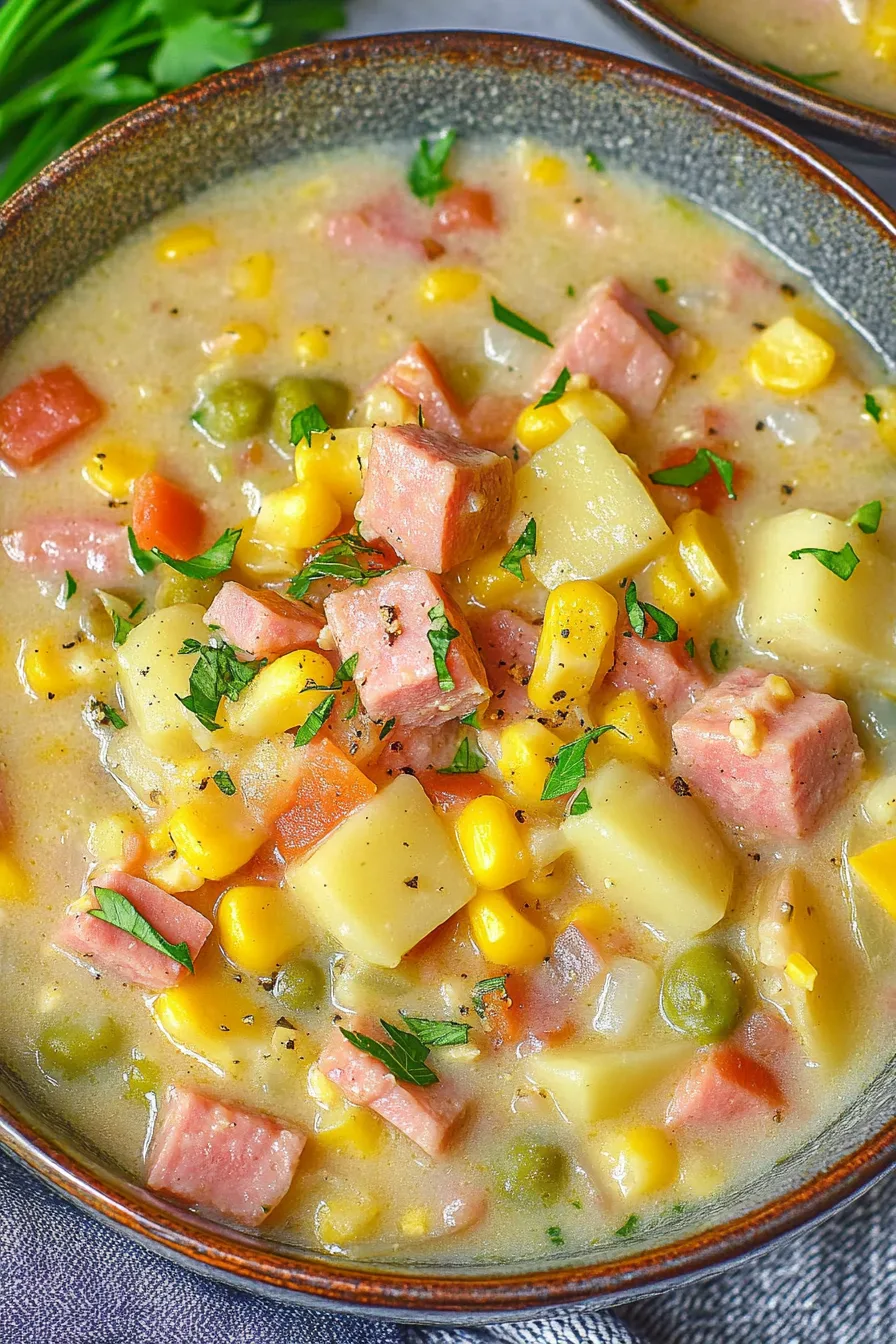 Soup highlighting the mix of ham, potatoes, corn, and vegetables in a creamy broth.