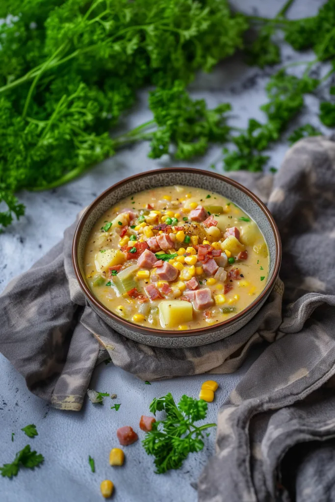 Final presentation of a rich, creamy soup with vibrant garnish and rustic setup.