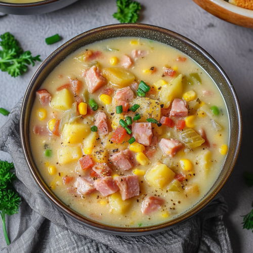 Overhead view of thick, comforting soup served with toasted bread on the side.