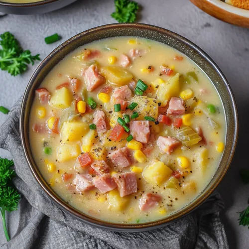 Overhead view of thick, comforting soup served with toasted bread on the side.