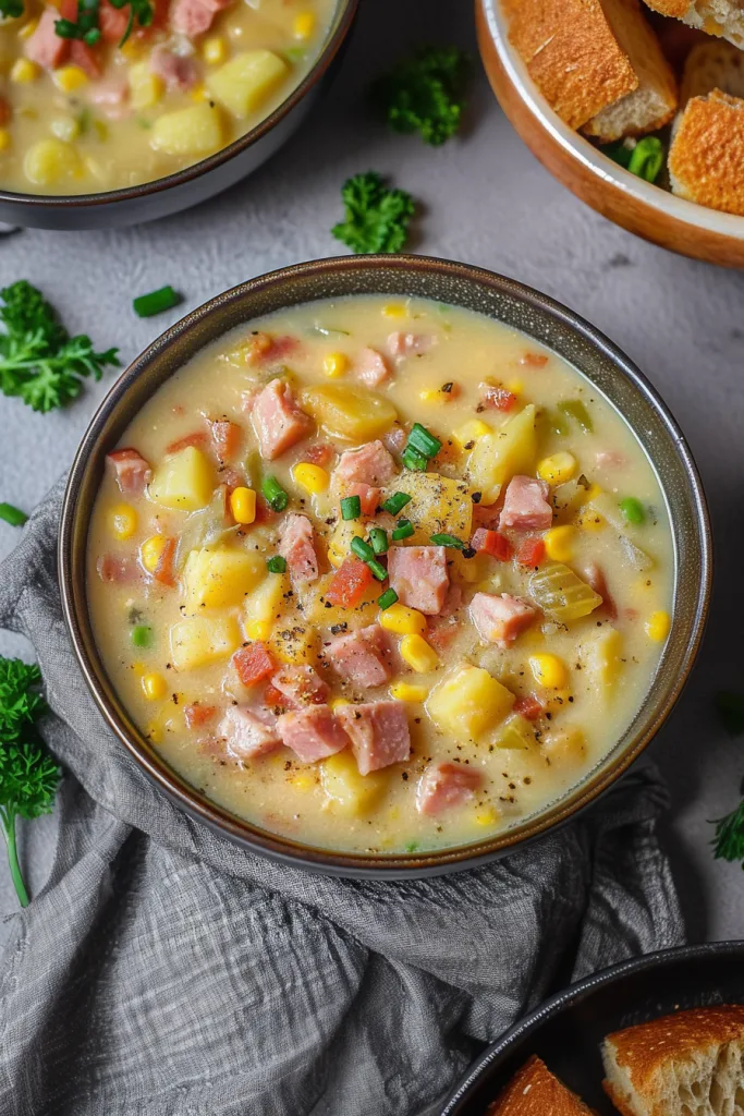 Overhead view of thick, comforting soup served with toasted bread on the side.