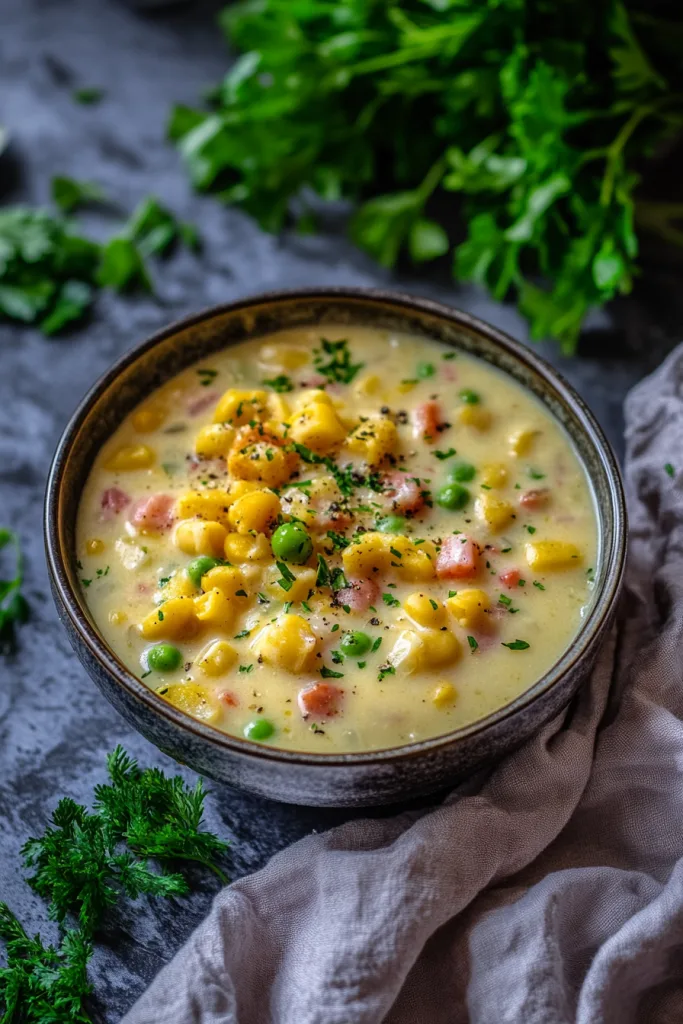Bowl of creamy soup filled with diced ham, potatoes, corn, peas, and carrots, topped with green onions.