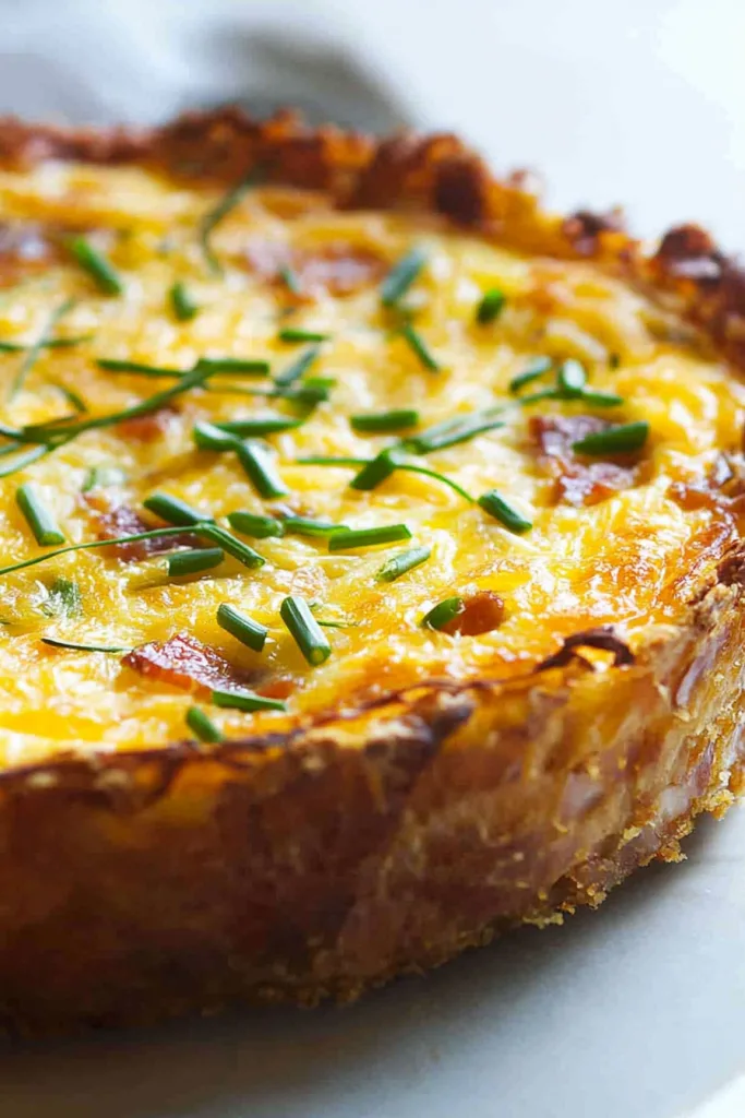 Close-up of flaky crust and savory interior with diced red and green ingredients.
