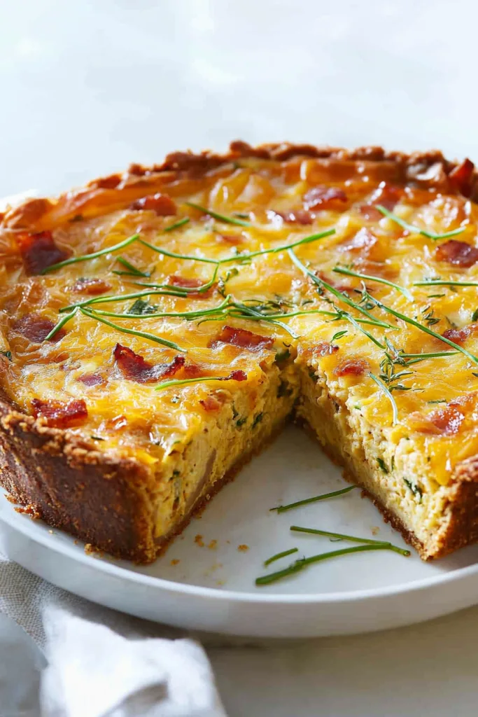 Golden-brown quiche with a slice removed, showing creamy filling and herbs.