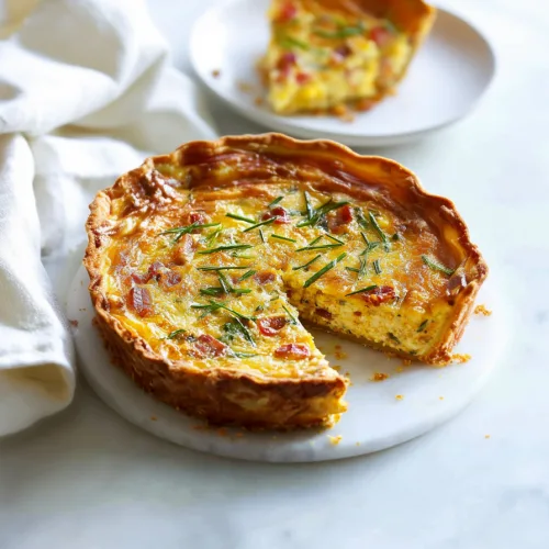 Whole baked quiche on marble surface, with a plated slice in the background.