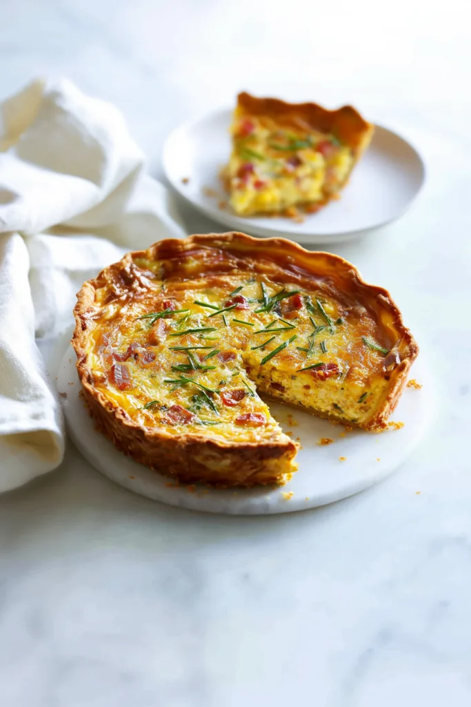 Whole baked quiche on marble surface, with a plated slice in the background.