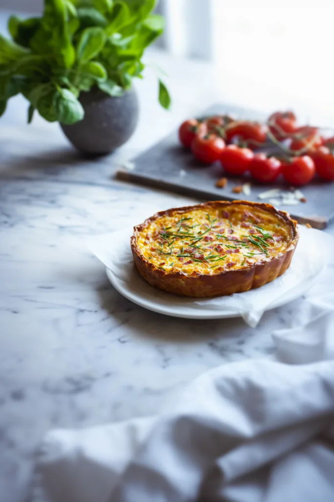 Freshly baked dish with golden crust and creamy center, garnished with herbs.