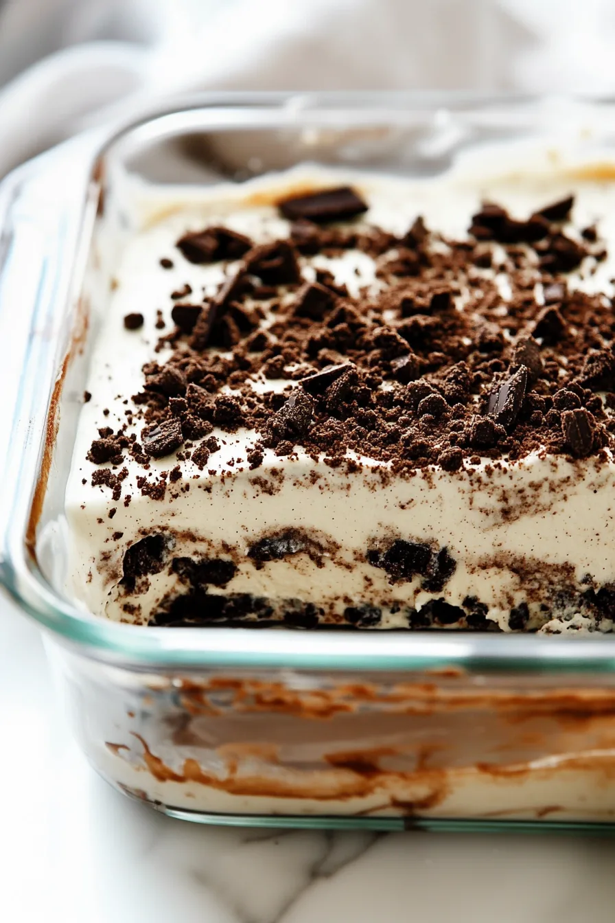 Indulgent layered dessert with smooth cream and crunchy cookie pieces.