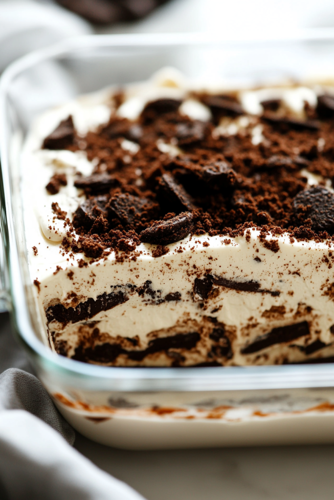Rich cookies-and-cream treat highlighting contrast between dark crumbs and light filling.