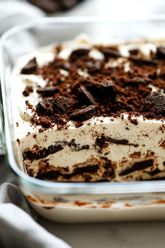 Rich cookies-and-cream treat highlighting contrast between dark crumbs and light filling.