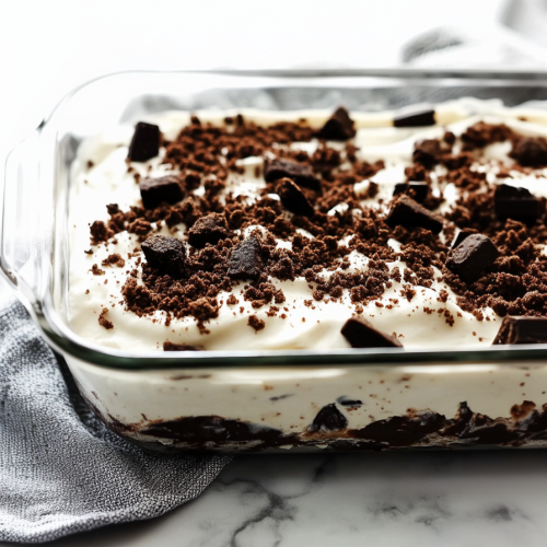 Glass dish showing alternating layers of whipped cream and crushed cookies.
