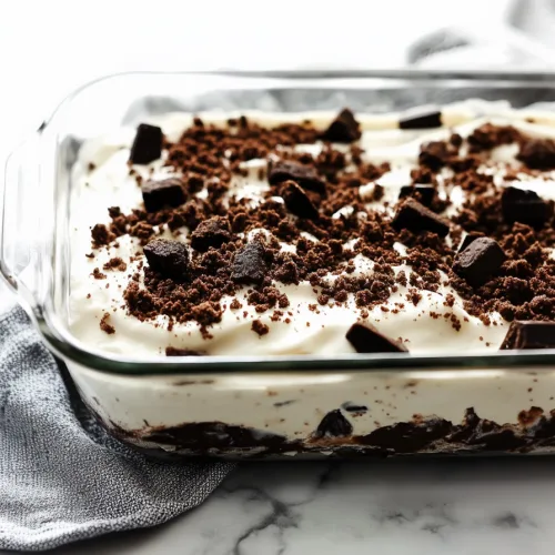 Glass dish showing alternating layers of whipped cream and crushed cookies.